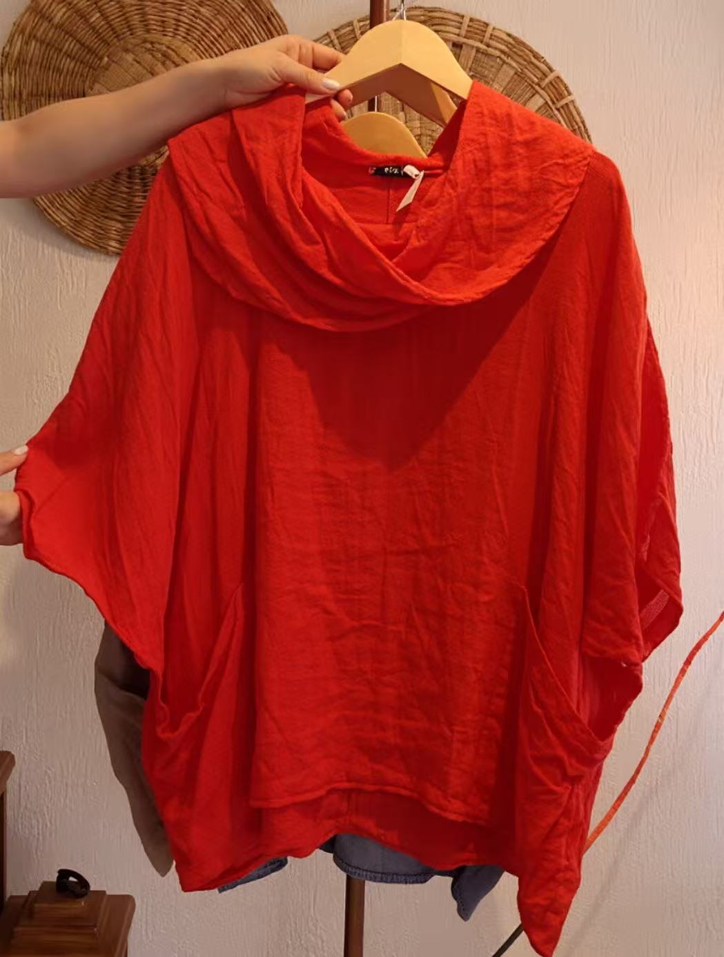 Women's Solid Color Draped Neck 3/4 Sleeve Comfortable Casual Linen Pocket Top