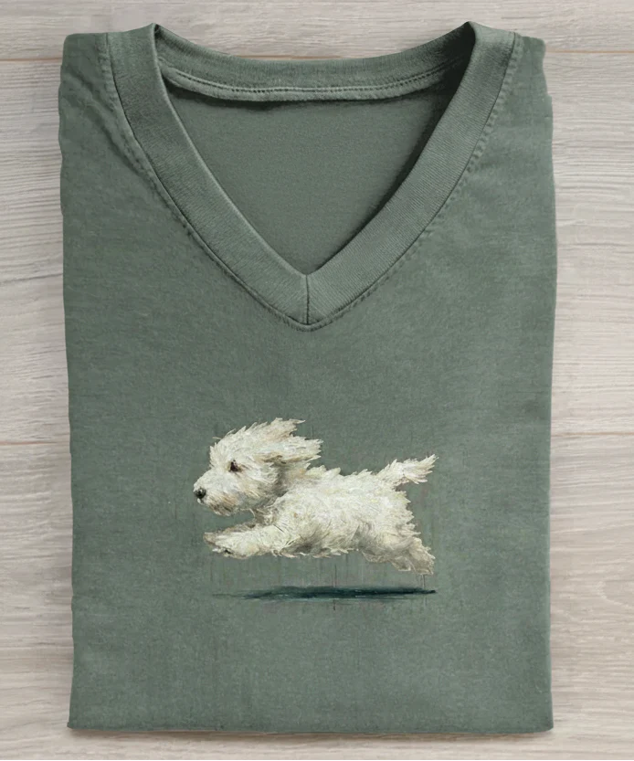 Funny Retro Cute Running White Dog Art Print V-neck Casual T-shirt