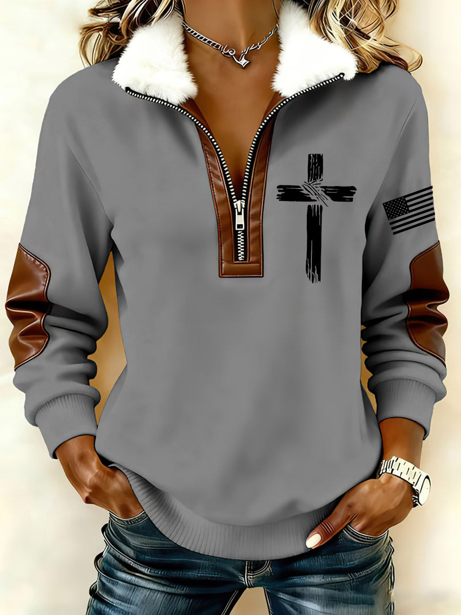 Women`s Cross And US Flag Print Patchwork Fur Collar Long-Sleeve Sweatshirt