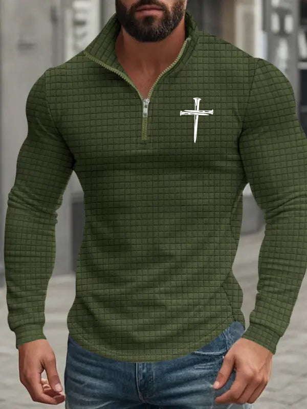 Men's American Retro Autumn And Winter Half-Zip Small Plaid Cross Pattern Casual Stand-Up Collar Long-Sleeved Sweatshirt