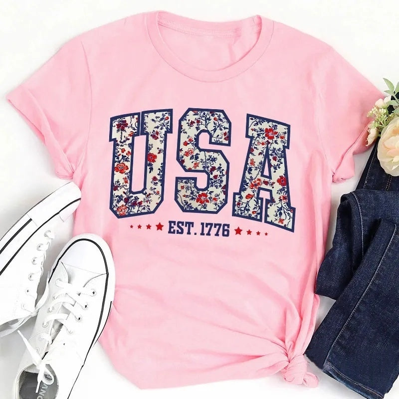 Retro Floral USA Cotton T-Shirt