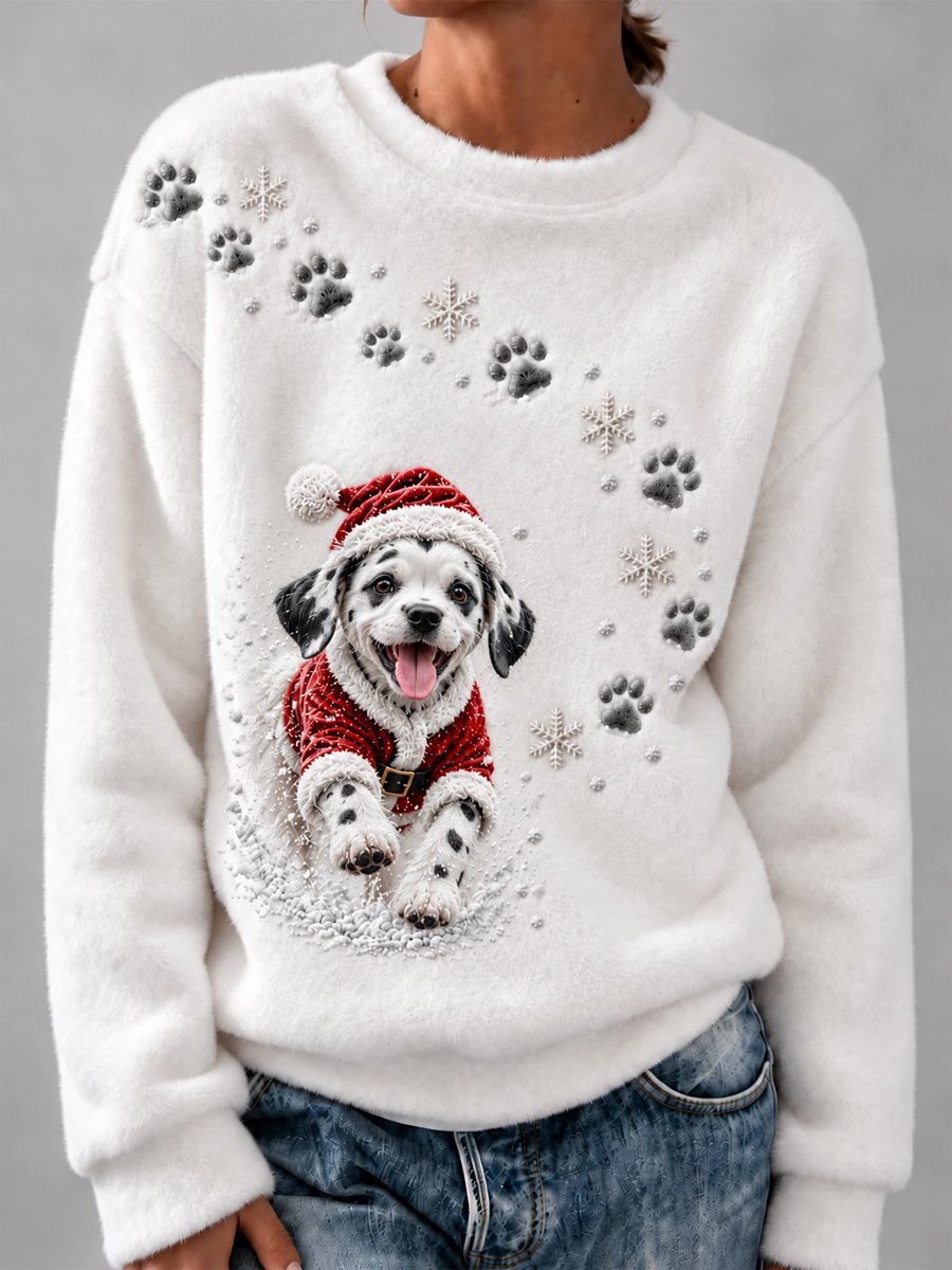 Women’s Cute Christmas Dalmatian-Print Comfy Flannel Sweatshirt