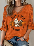 Women's Fall Printed Mid-length Sleeves V-Neck T-Shirt