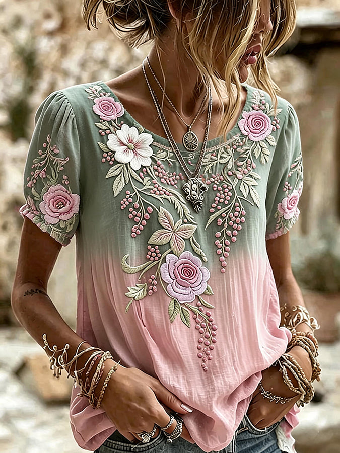Women's Boho Floral Patchwork Embroidered Puff Sleeve Top