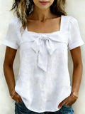 Women's Casual Bow Short Sleeves Cotton Shirt