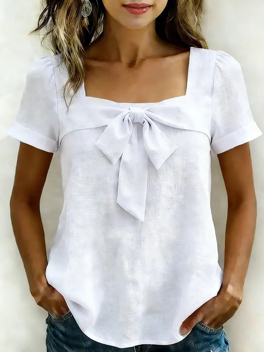 Women's Casual Bow Short Sleeves Cotton Shirt