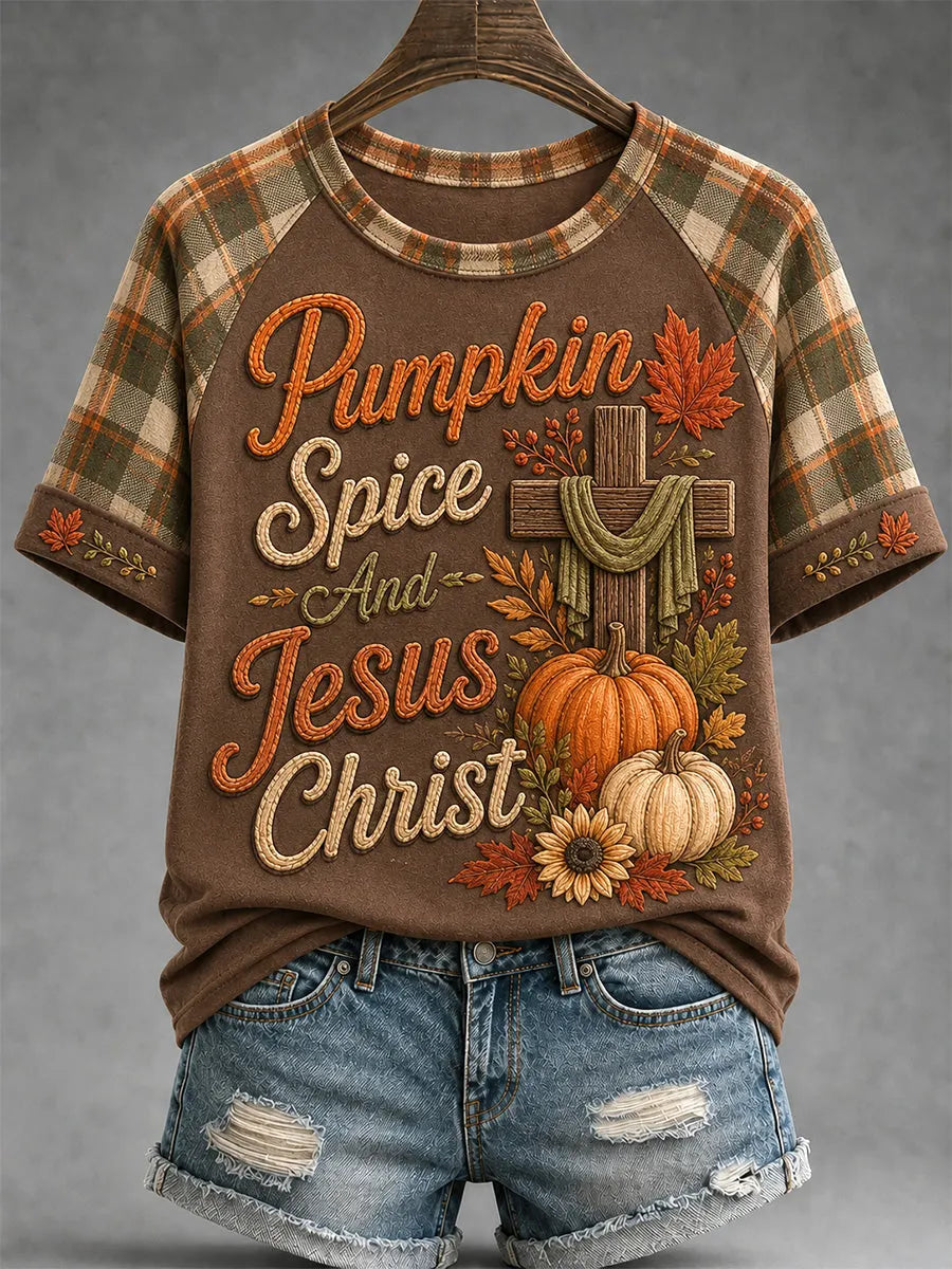 Women's Pumpkin Spice And Jesus Christ Print Casual Tee