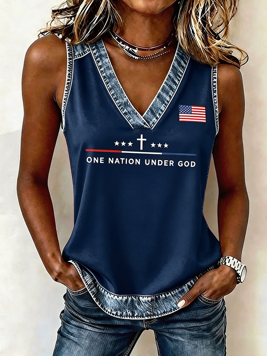 Women's One Nation Under God Cross Star US Flag Patch Trim V-Neck Sleeveless Casual Tank Top