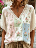 Women's V-neck lace cotton and linen top