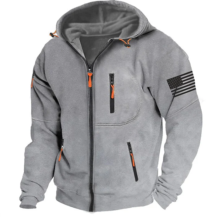 American Flag Fleece Contrast Raglan Zip Pattern Pocket Sweatshirt