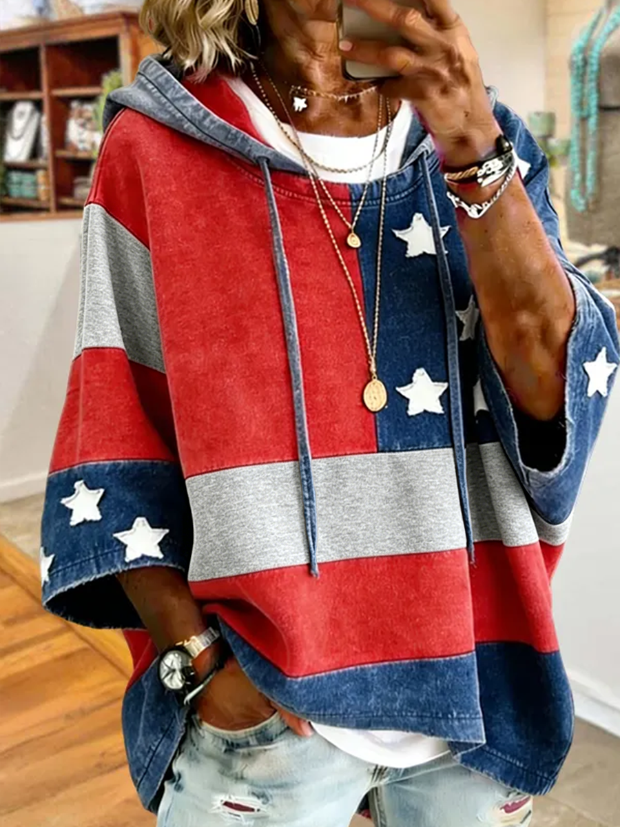American Flag Star Striped Denim Patchwork Hooded Poncho Sweatshirt