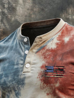Men's Retro Patriotic Color-Block Short-Sleeve Henley T-Shirt