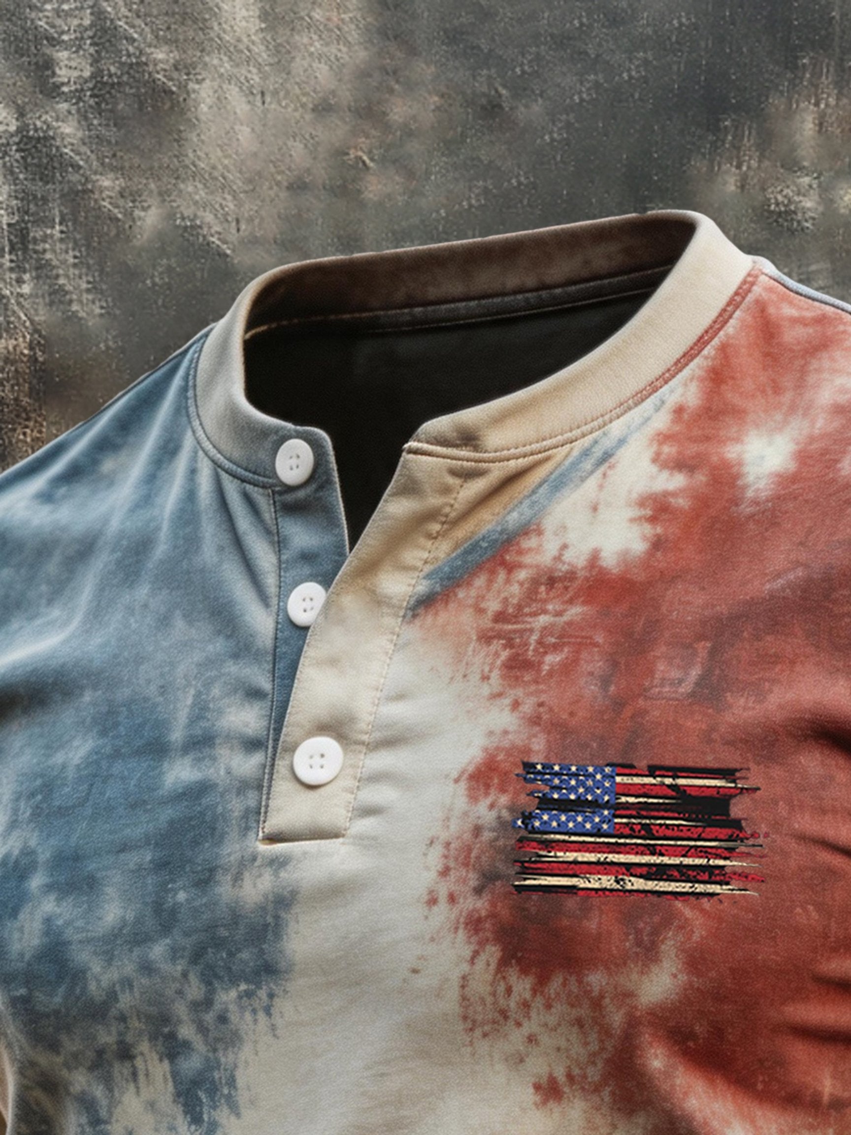 Men's Retro Patriotic Color-Block Short-Sleeve Henley T-Shirt