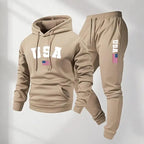 Men's USA Letter Printed Hoodie and Drawstring Sweatpants Set
