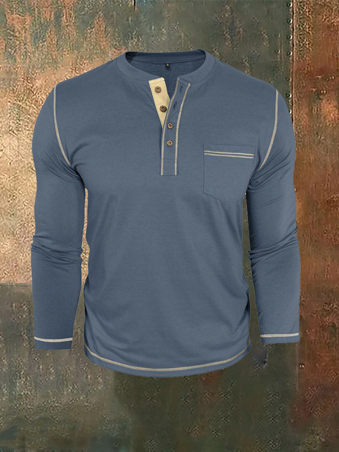 Men's Henry Pocket Long-Sleeve Color-Blocked T-Shirt
