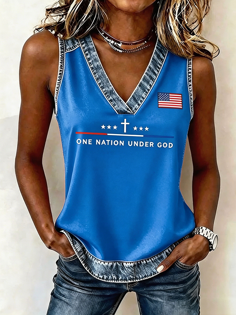 Women's One Nation Under God Cross Star US Flag Patch Trim V-Neck Sleeveless Casual Tank Top