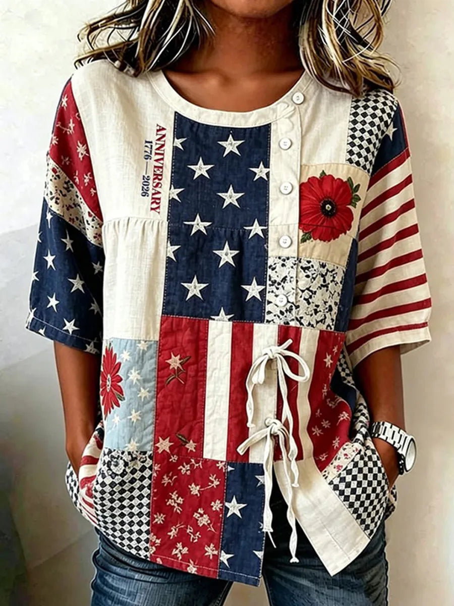 Women's Independence Day Flag & Floral Pattern Casual Tie-front Shirt
