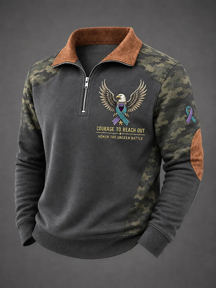 Men’s “Courage to Reach Out” PTSD Awareness Eagle Camo Quarter-Zip Sweatshirt