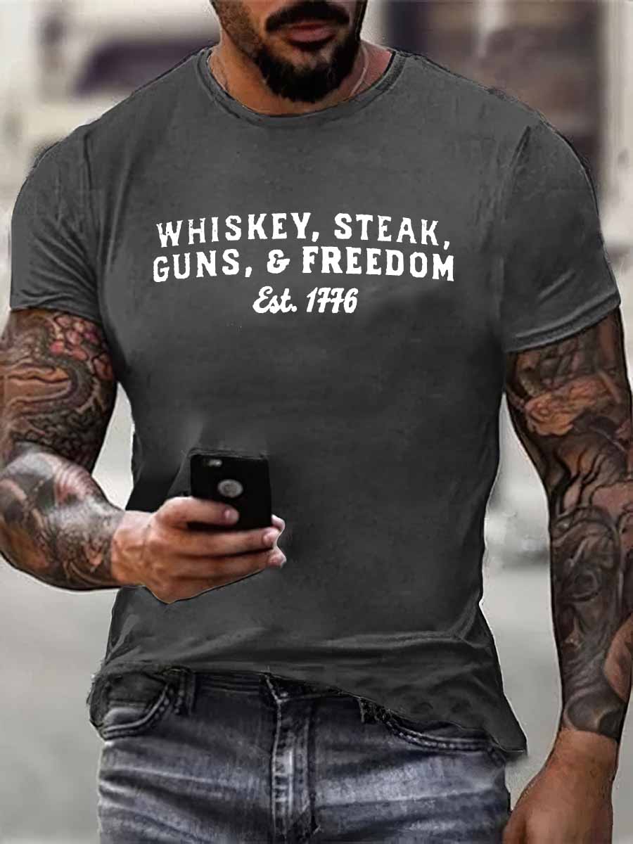 Whiskey Steak Guns And Freedom Print 100% Cotton T-Shirt