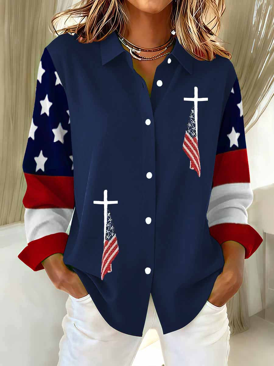 Women's US Flag And Cross Printed Casual Long Sleeve Shirt