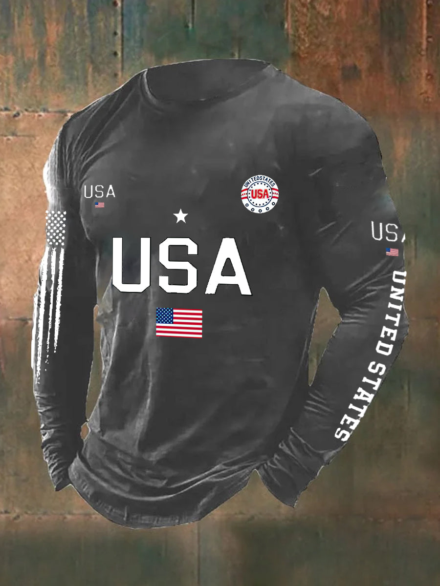 USA Flag Printed Long Sleeve Cotton T-Shirt