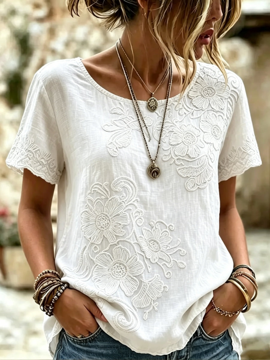 Women's White Floral Print Short Sleeve Shirt