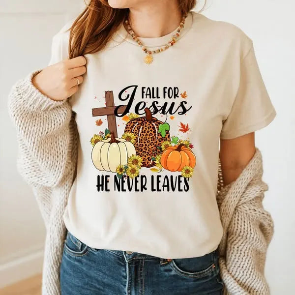 Fall For Jesus He Never Leaves Pumpkins Cotton T-Shirt