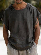Men's Vintage Cotton-Linen Hoodie with Distressed Raw Edges