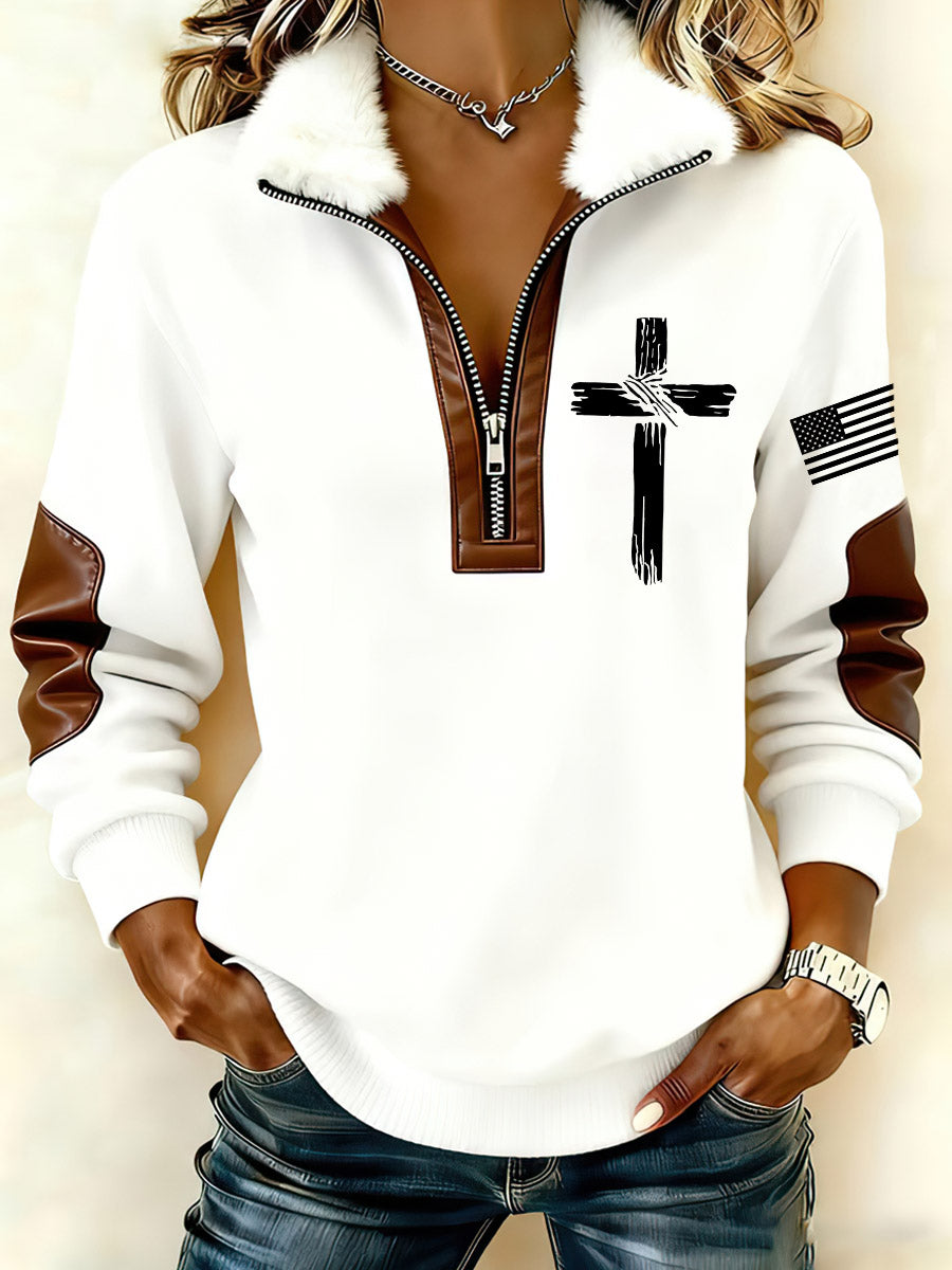Women`s Cross And US Flag Print Patchwork Fur Collar Long-Sleeve Sweatshirt