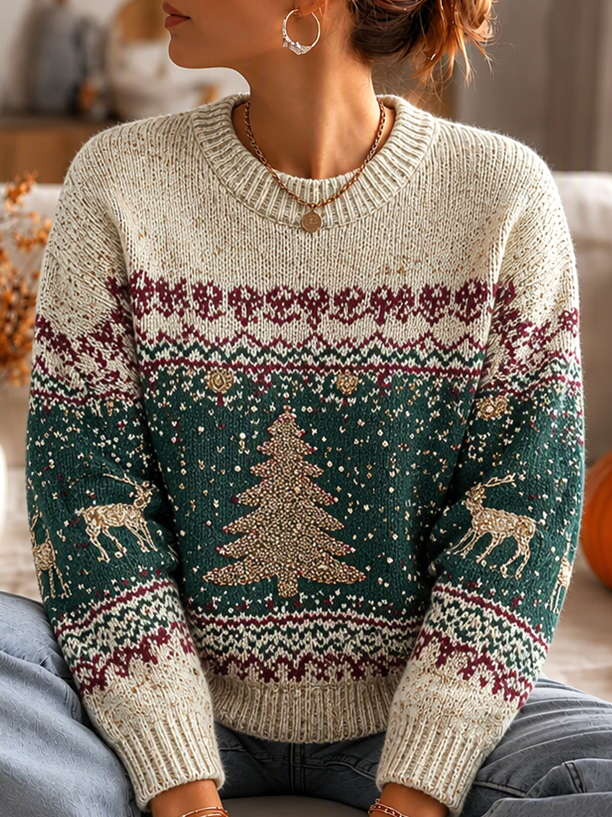 Women's Christmas tree pattern crew-neck sweater