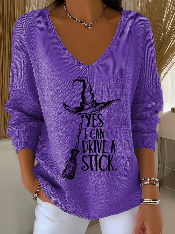 ?Buy 2 Get 10% Off?Women'S Witch "Yes I Can Drive A Stick"  Print Drop Shoulder Sweater