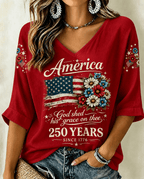 250th Anniversary Flag with Small Floral Print V-neck Half Sleeved Loose Top