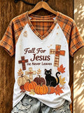 Women'S Casual Retro Fall For Jesus Print T-Shirt