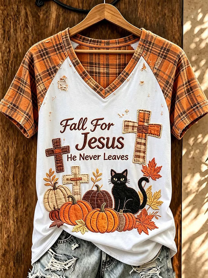 Women'S Casual Retro Fall For Jesus Print T-Shirt