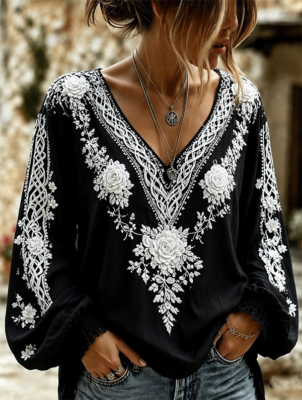 Women's Retro Celtic Knot With Floral Art Linen Blend Long Sleeves Shirt