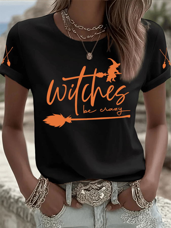 🔥HOT SALE🔥Women's Halloween Witch Be Crazy Print Crew Neck T-Shirt