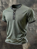 Men'S Vintage Washed Cotton Short-Sleeve Henley T-Shirt With Distressed Details