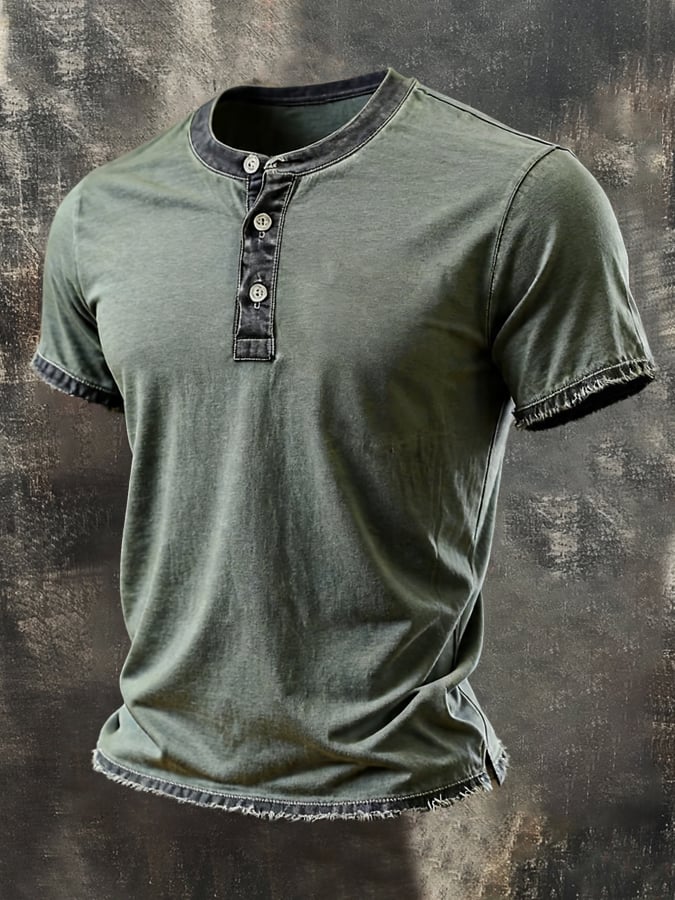 Men'S Vintage Washed Cotton Short-Sleeve Henley T-Shirt With Distressed Details