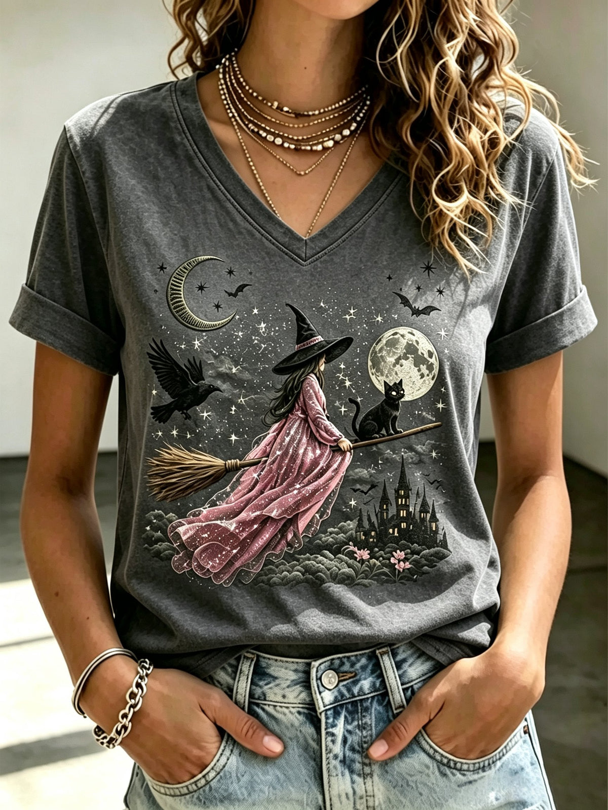 Women's Halloween Witch Cat Print Top