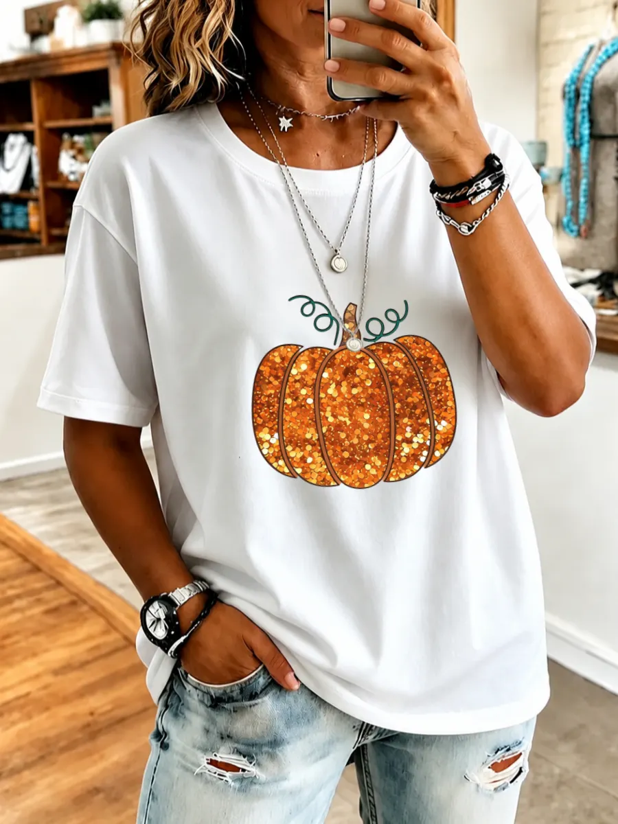 Women's  Halloween Floral Pumpkins Print Cotton T-Shirt