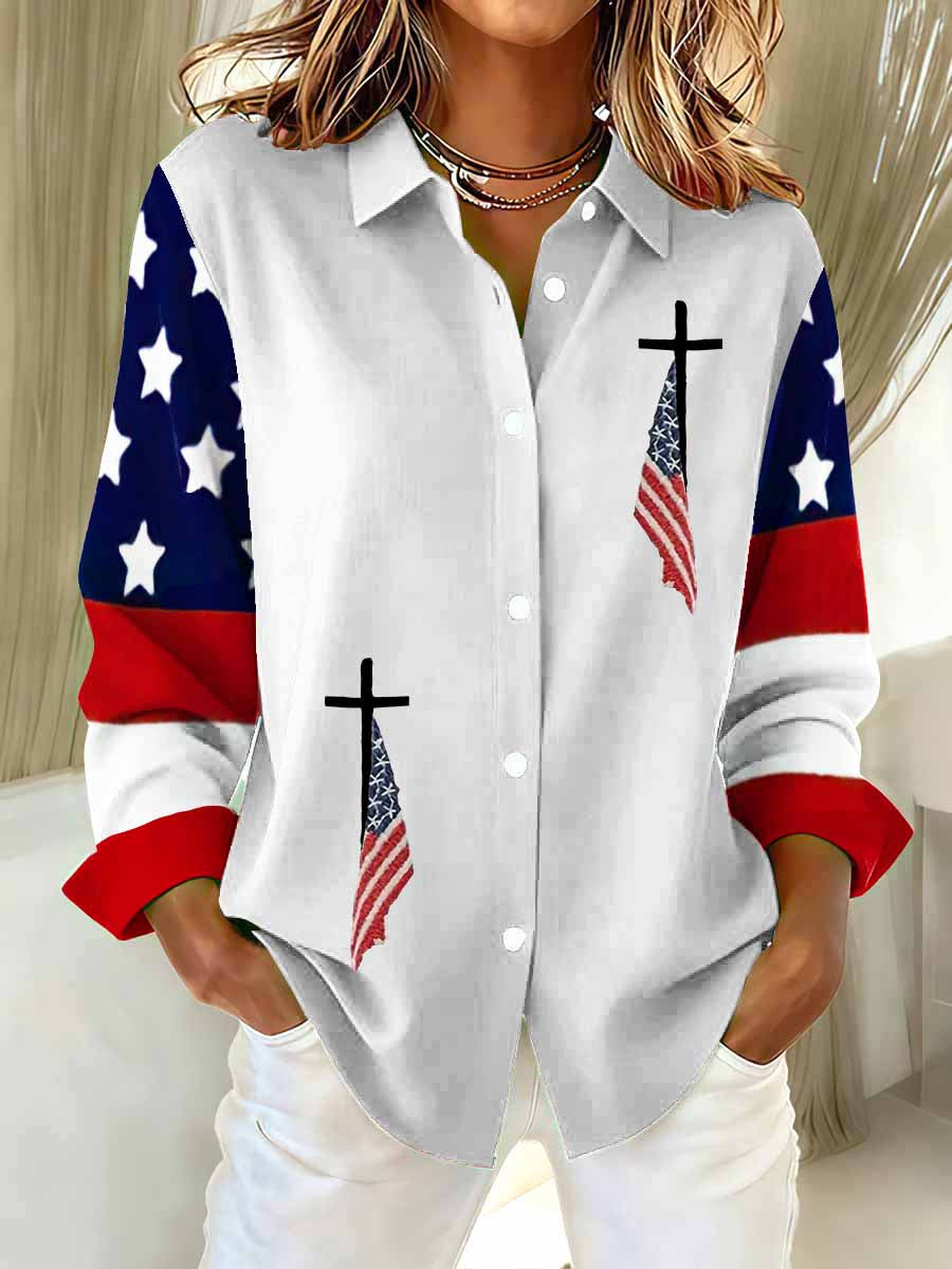Women's US Flag And Cross Printed Casual Long Sleeve Shirt