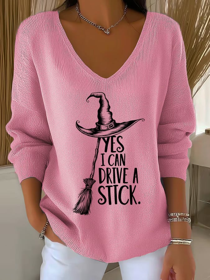 ?Buy 2 Get 10% Off?Women'S Witch "Yes I Can Drive A Stick"  Print Drop Shoulder Sweater