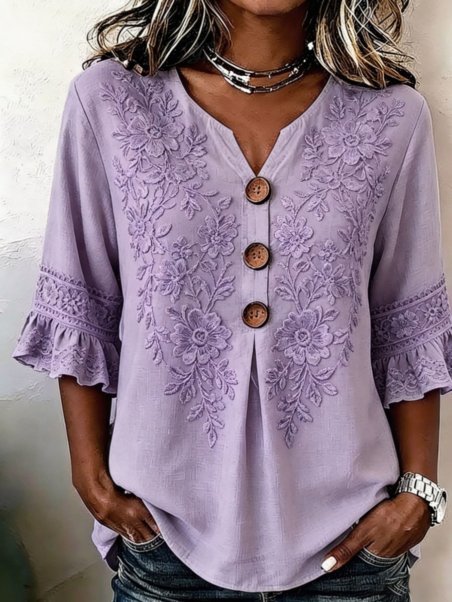 Vintage Floral Embroidery Design Women's Linen Shirt