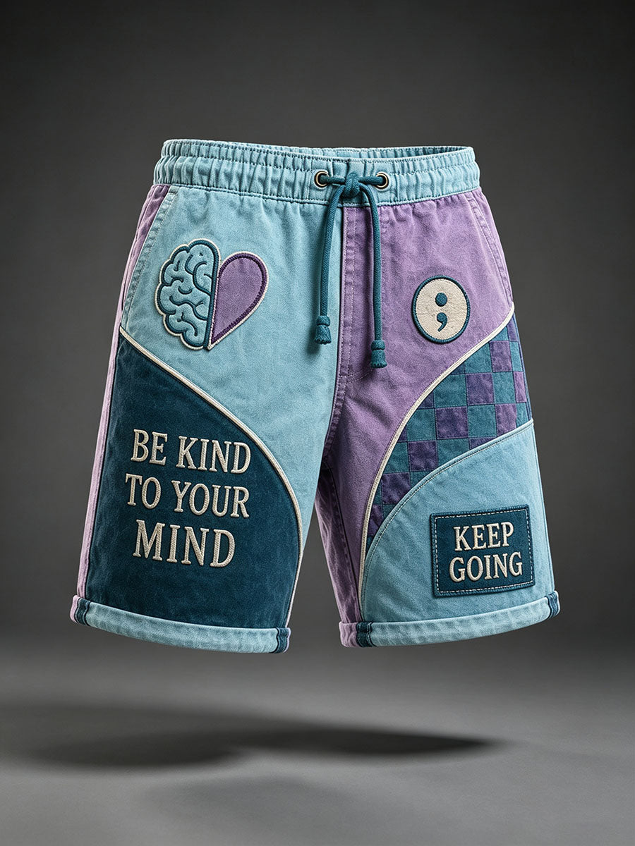 Men’s “Be Kind to Your Mind” Mental Health Patchwork Drawstring Shorts