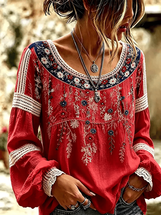 Women's Retro Breast Cancer Floral Print Long-Sleeved Top