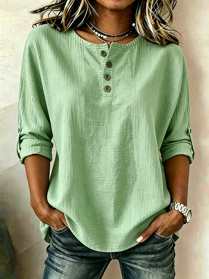 Women'S Casual Cotton And Linen 9-Quarter Sleeved Button Up Top