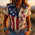 Women's American Flag Floral Embroidered Western Cowgir Shirt