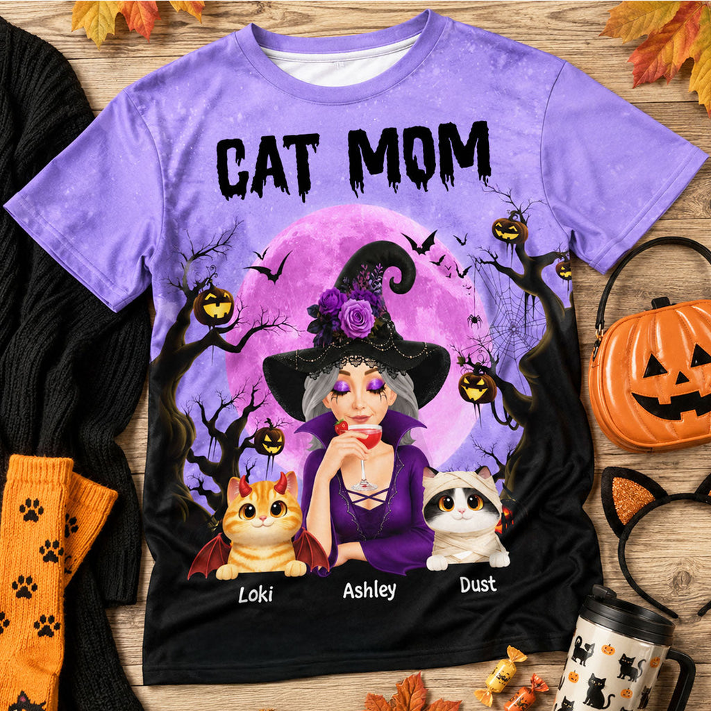 Halloween Theme Spooky Cat Mom Witch - Personalized Shirt - Halloween Gift For Cat Lovers