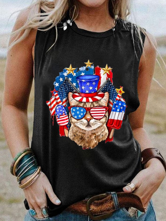 Women's Independence Day Cat Patriotic American Flag Printed Casual Tank Top