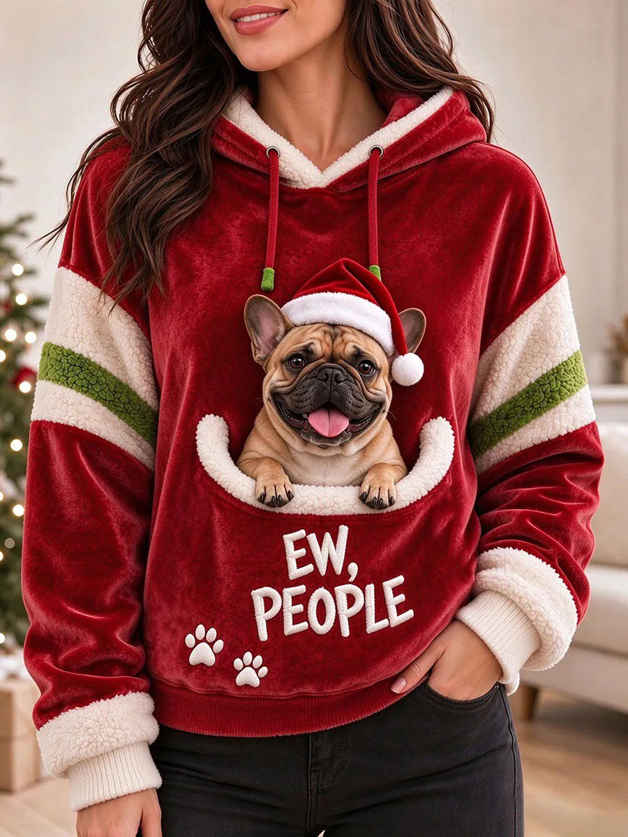 Niedliches, kuscheliges Flanelltop mit französischem Bulldoggen-Weihnachtsmotiv für Damen